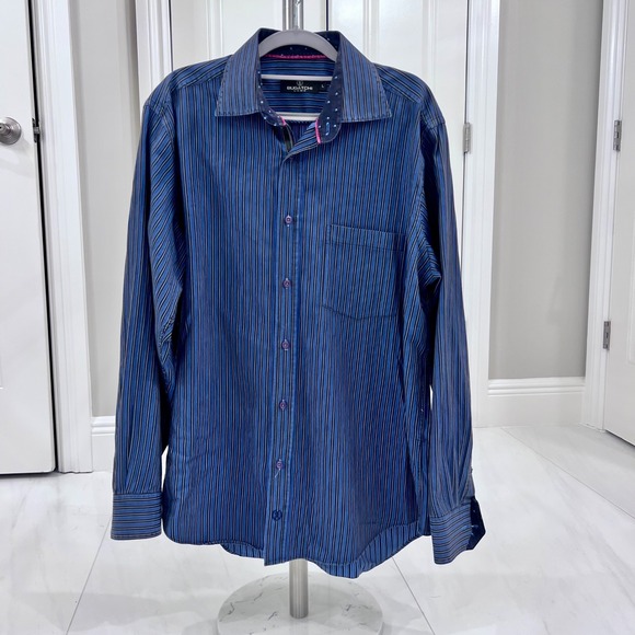 Bugatchi‎ Uomo Men's Long Sleeve Button Down Shirt Size L blue striped EUC - Picture 1 of 9